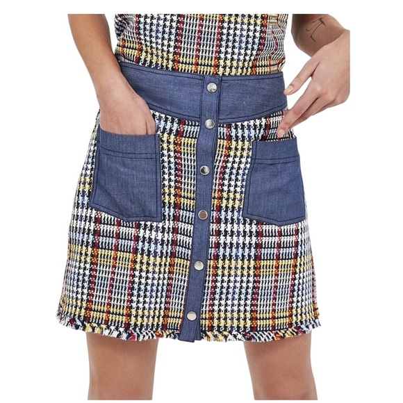 Zara Blue Multi Tweed Plaid Mini Skirt Pockets Snap Front Denim Colorful… - Picture 2 of 16